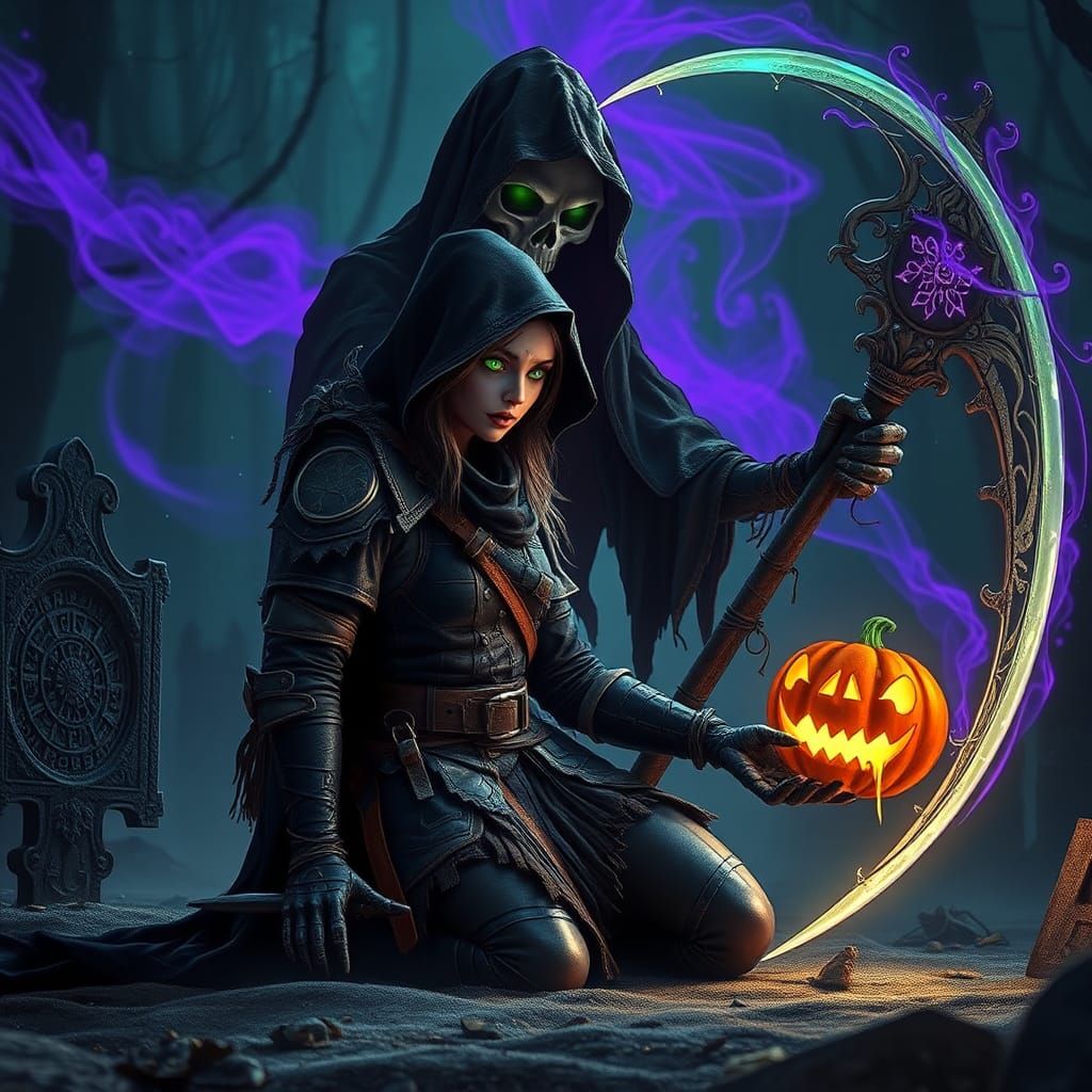 Warrior and Grim Reaper in Mystical Graveyard