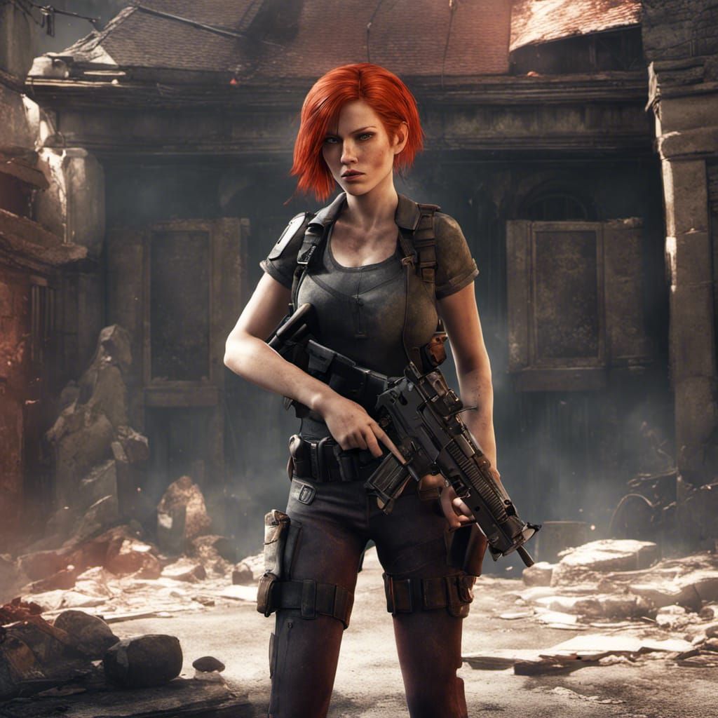 Red-Haired Girl with Handgun in Burning Street