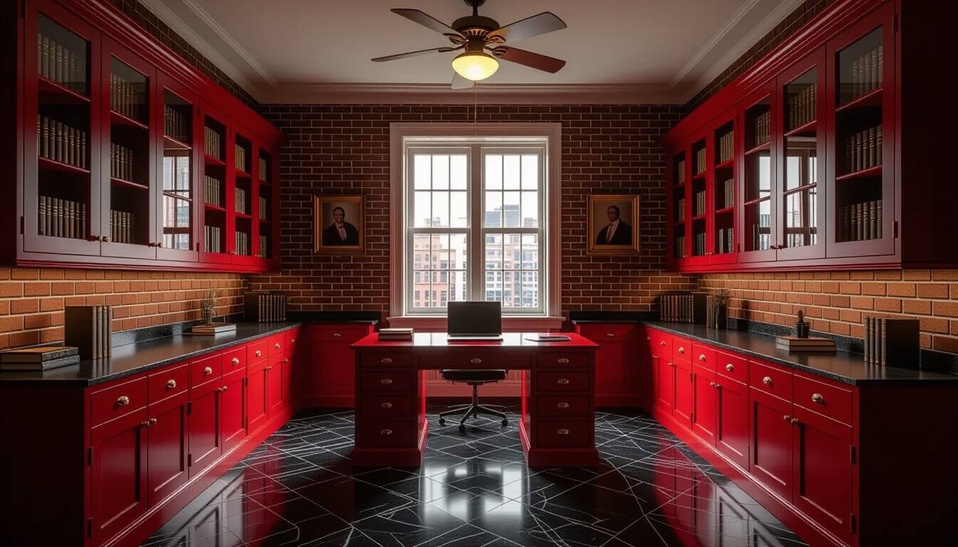 Vibrant Victorian Working Room with Dark Red Cabinets