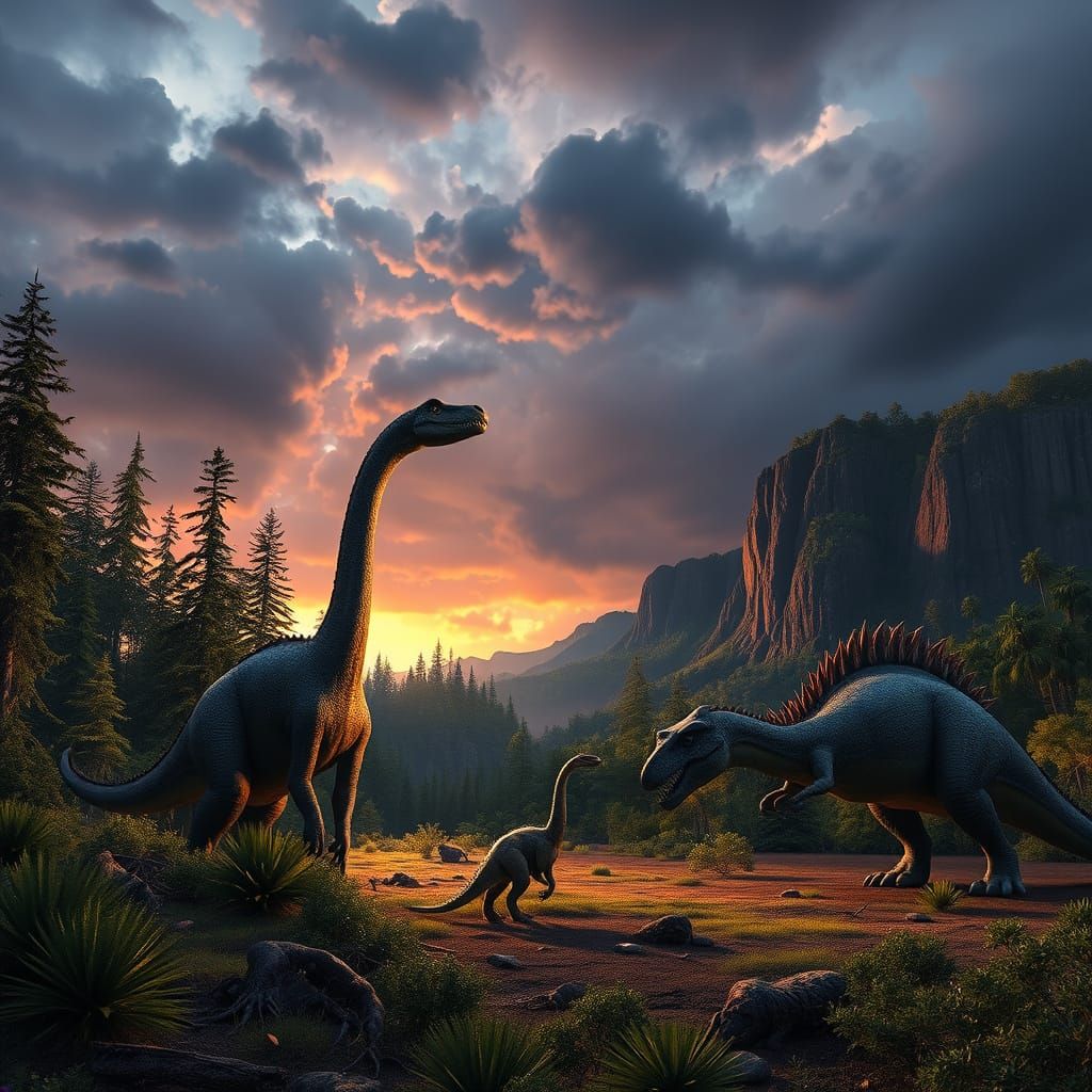 Jurassic Landscape with Dinosaurs in Paleoart Style