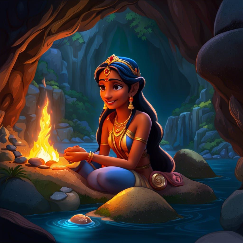 Goddess Parvati Bathing in Cave: 3D Digital Art