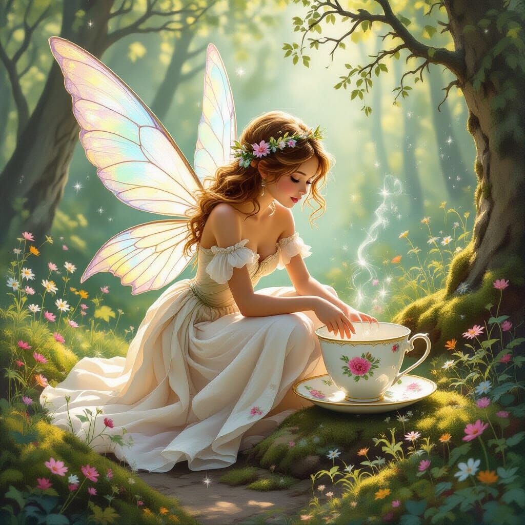 Whimsical Washing-Up Fairy in Forest Clearing