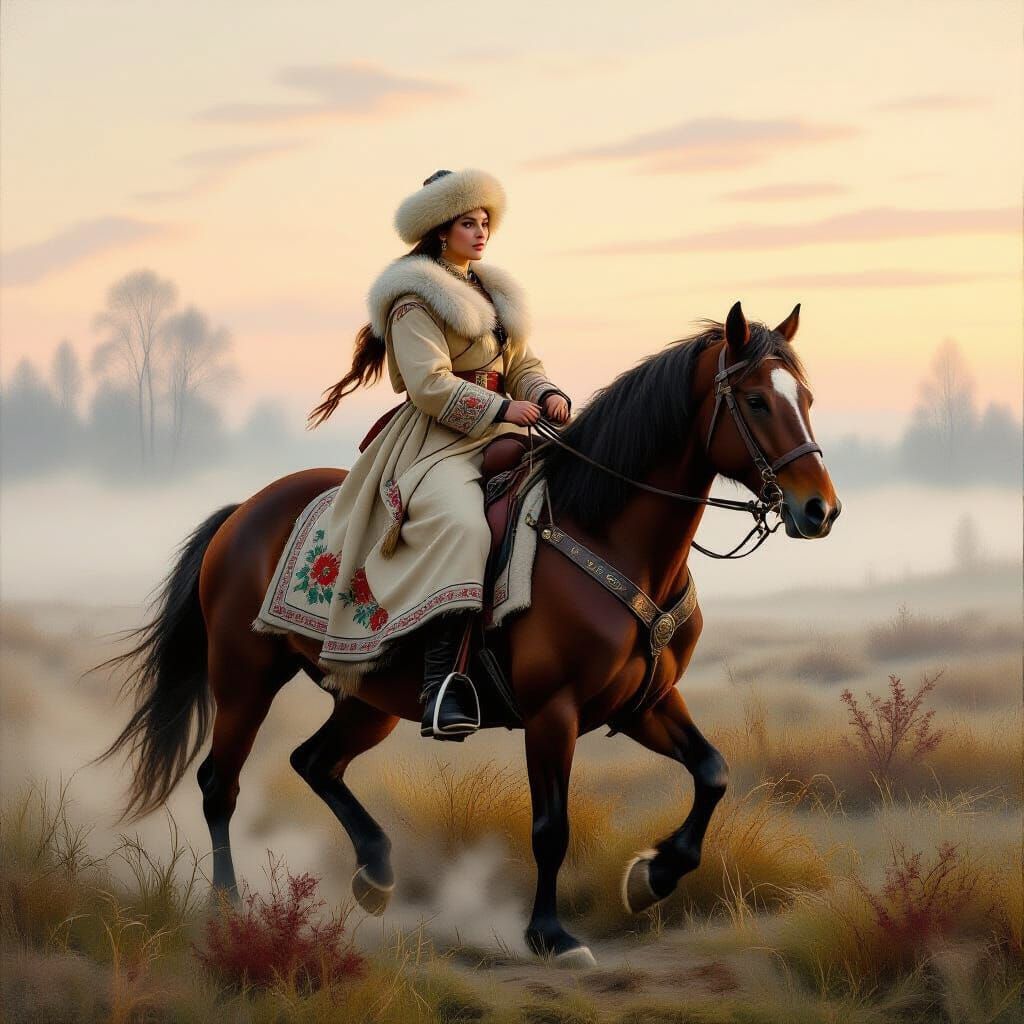 Cossack Woman Rides Horse Through Misty Landscape