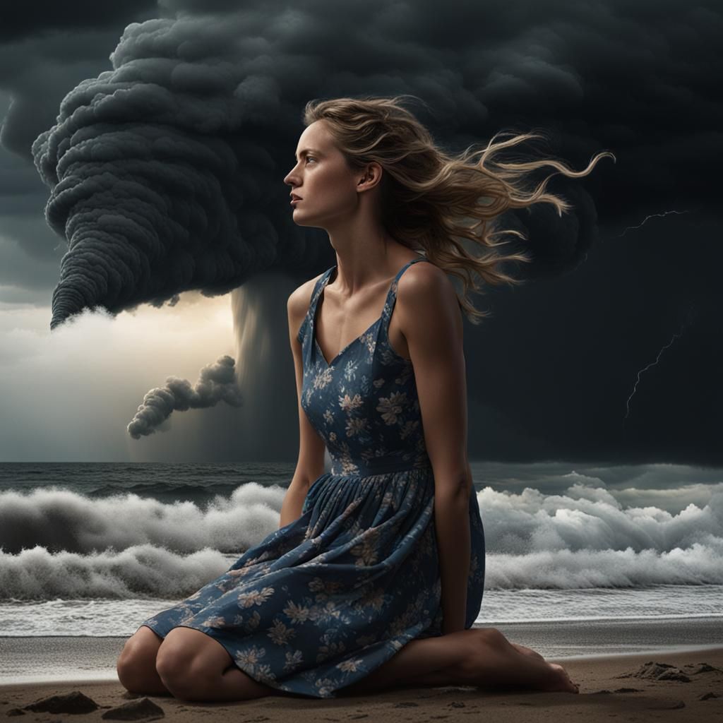 Woman on Beach as Tornado Approaches: Photorealistic