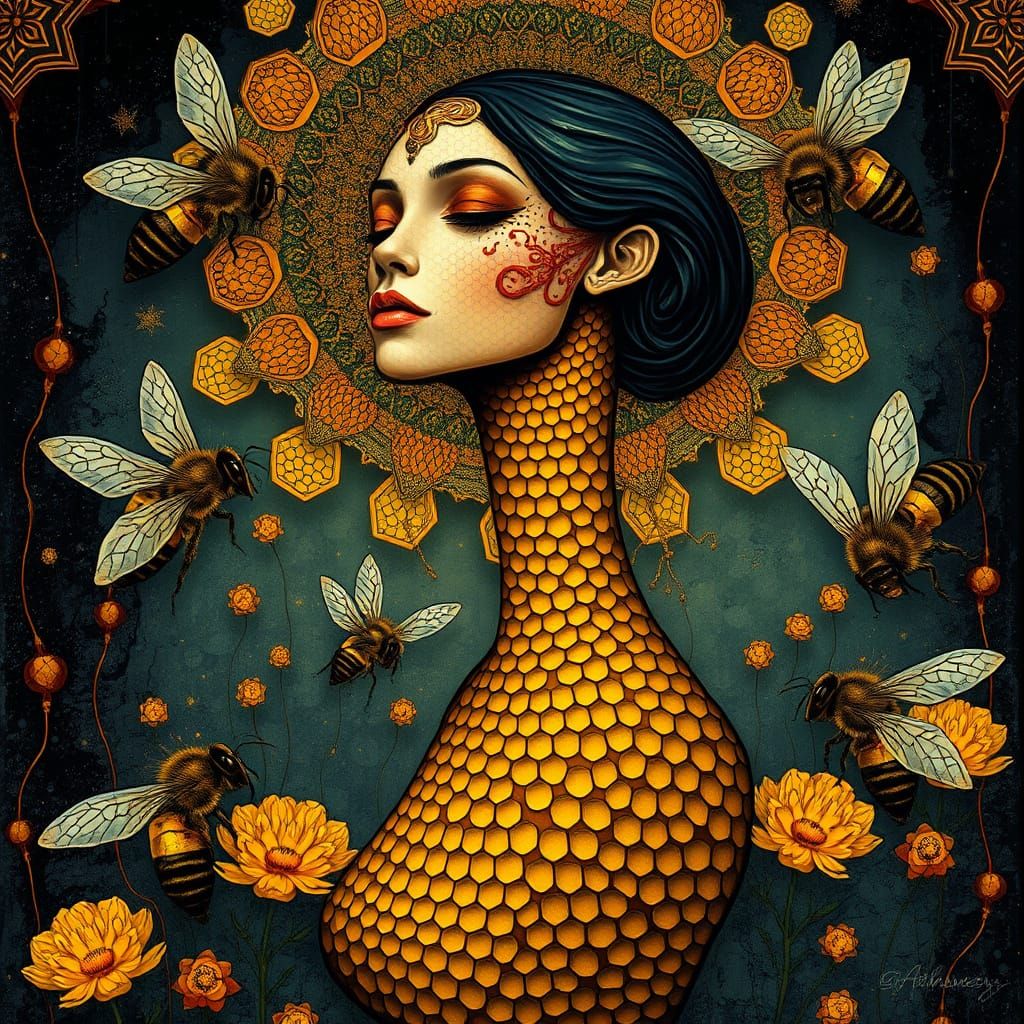 Honeycomb Woman Surrounded by Bees in Art Nouveau Style