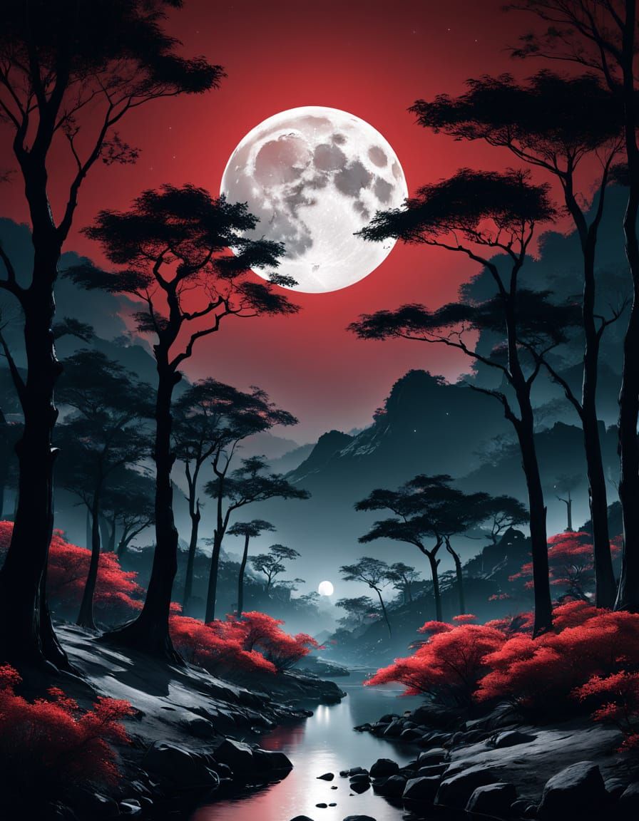 Cinematic Asian Landscape with Silhouetted Trees