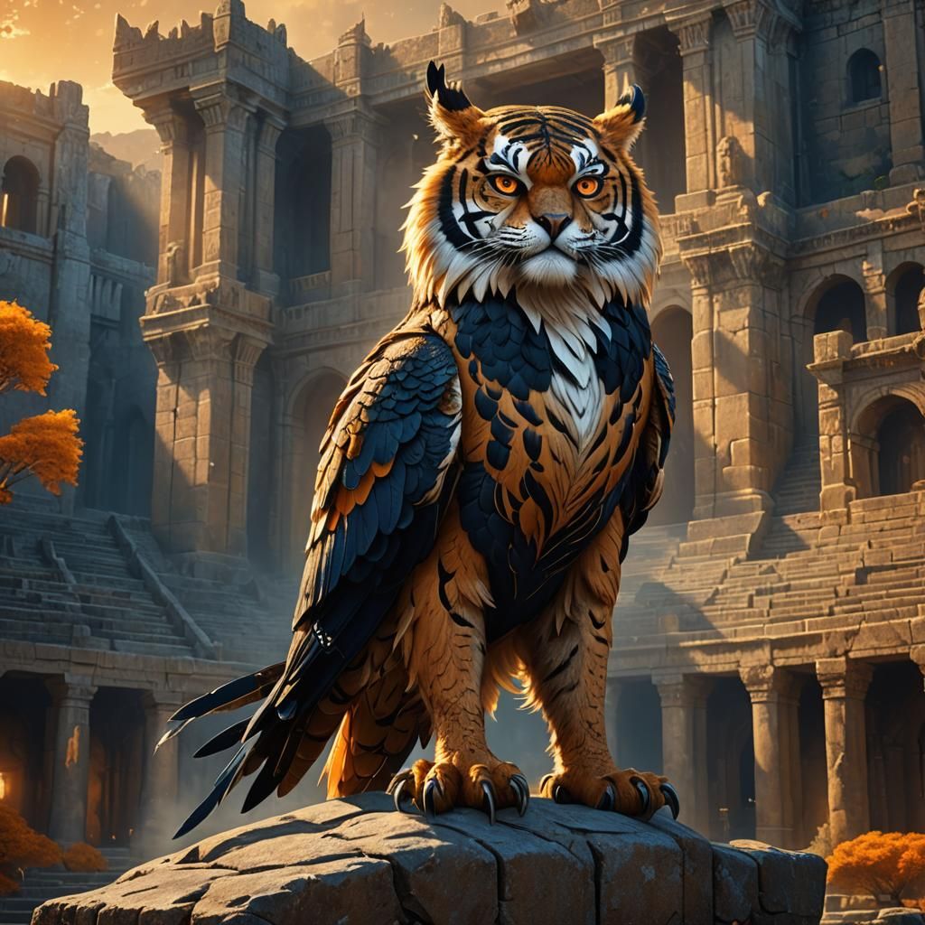 Tiger-Owl Hybrid in Ancient Stadium: Fantasy Concept Art