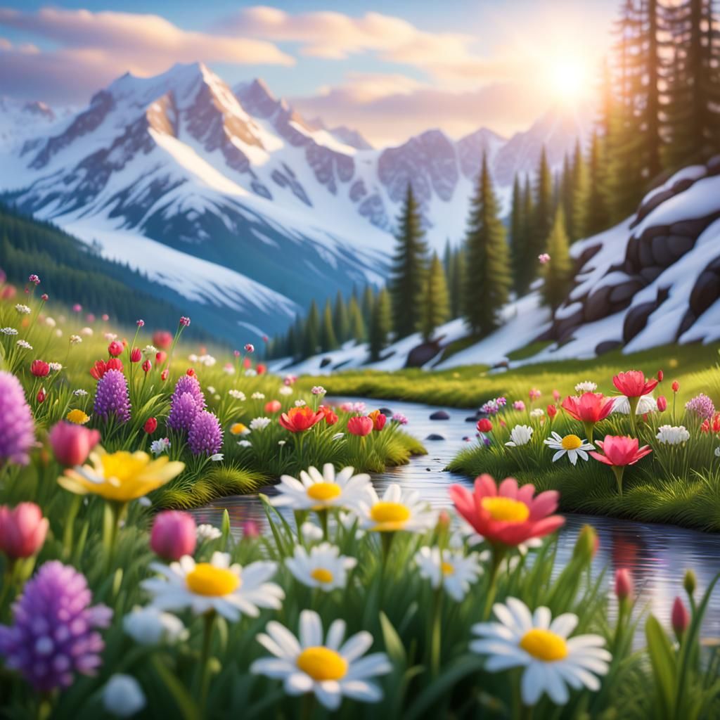 Spring Meadow with Snow-Capped Mountains: 8K Photography