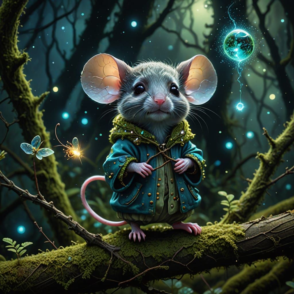 Bioluminescent Chibi Mouse Gazes at Nebula in Cosmic Forest