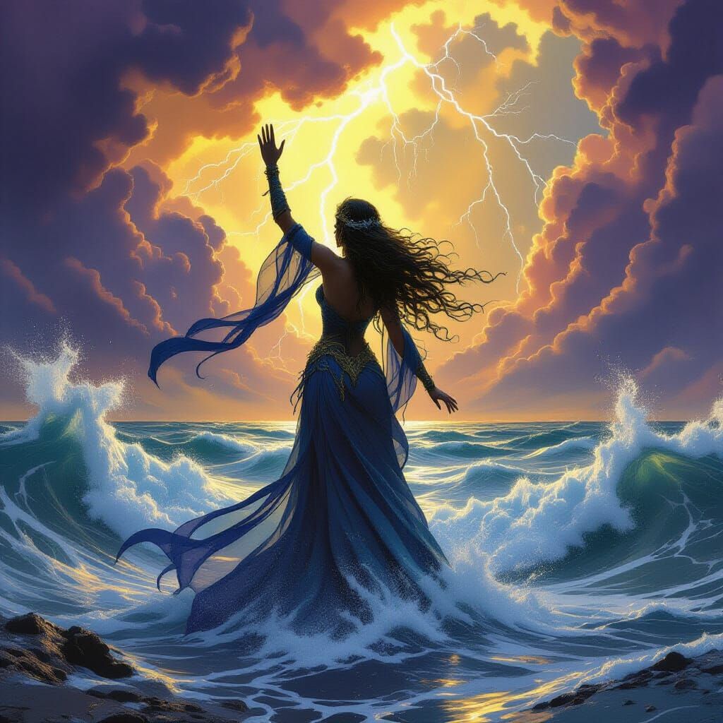 Sorceress Conjures Colossal Storm Over Turbulent Sea