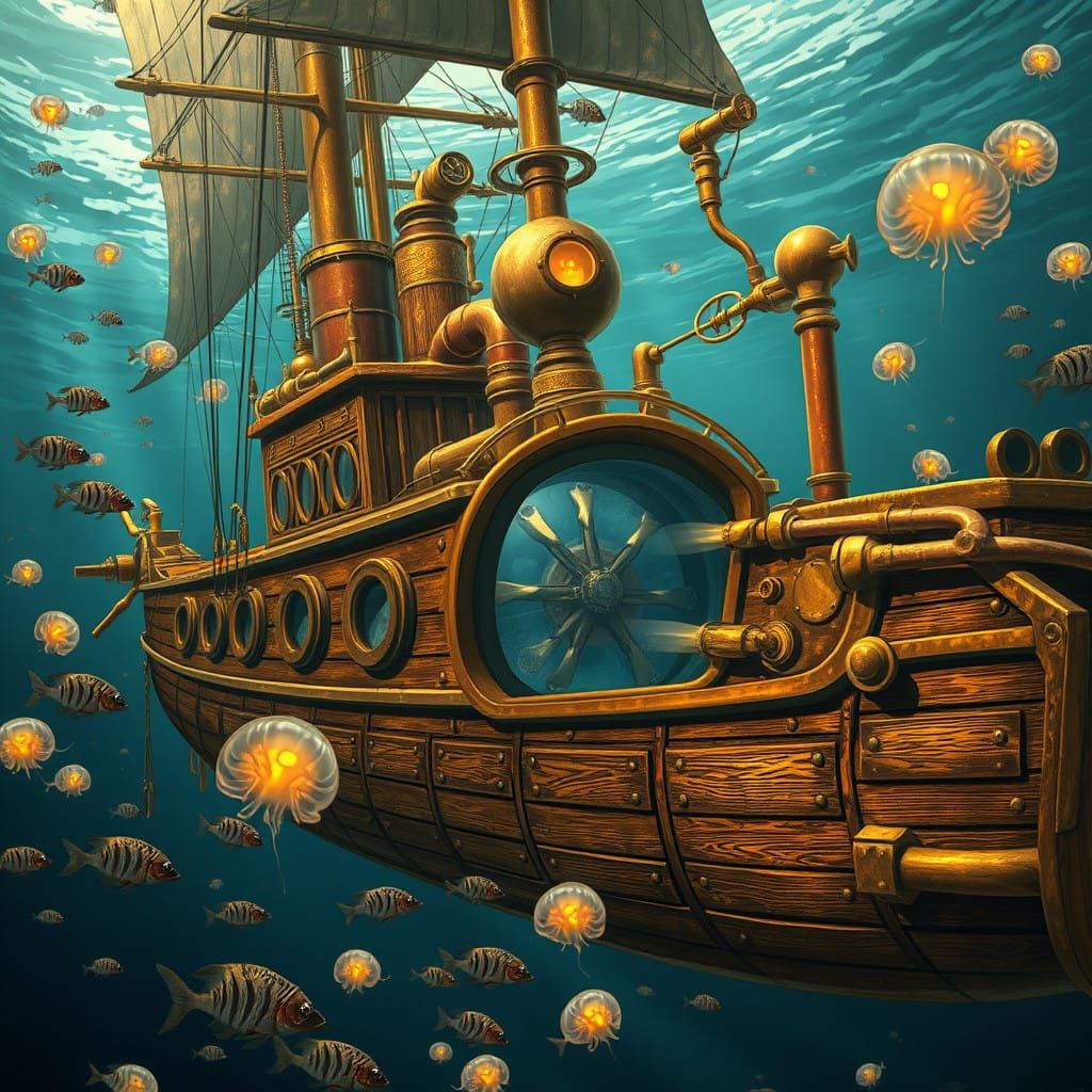 Ethereal Victorian Submarine Unveiled in Golden Depths