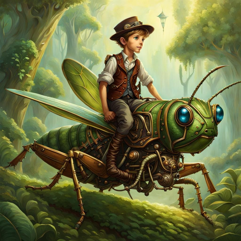 A brave boy riding a huge grasshopper