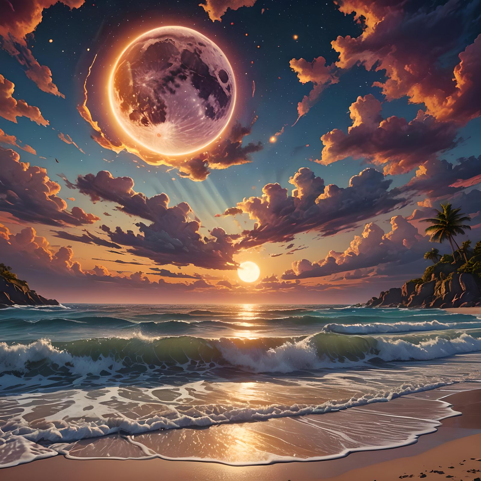 amazing beach sunset with the sun rays hitting the moon....