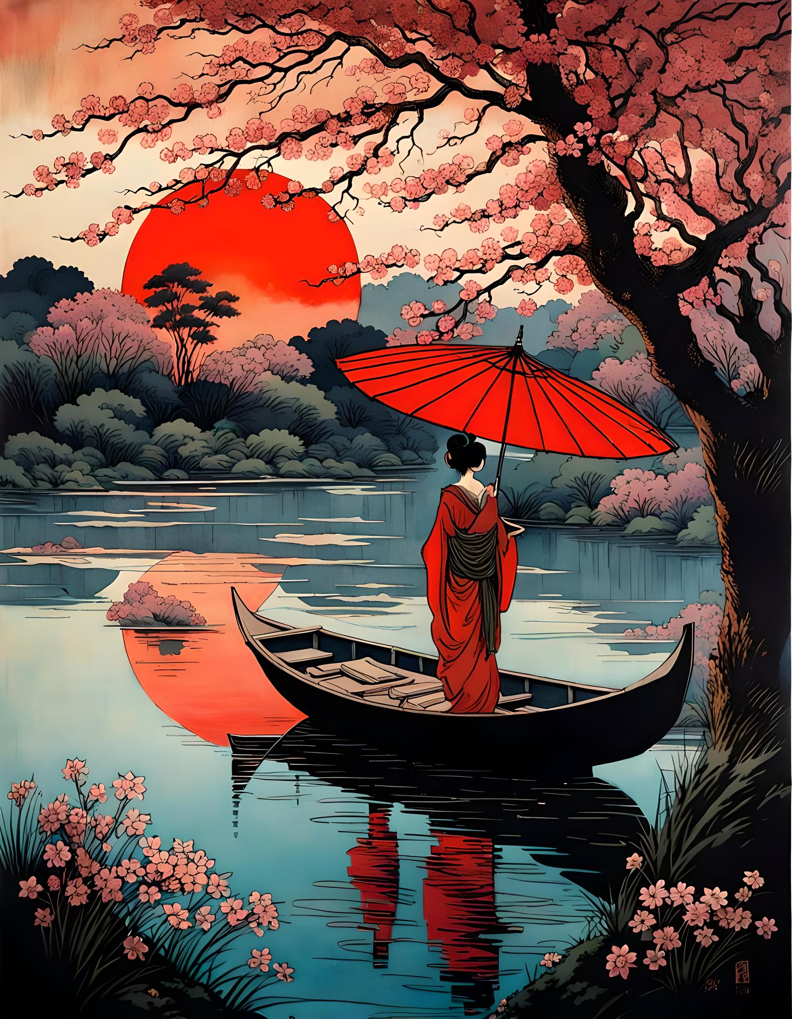 Japanese Woman in Boat at Sunset, Color Print Art