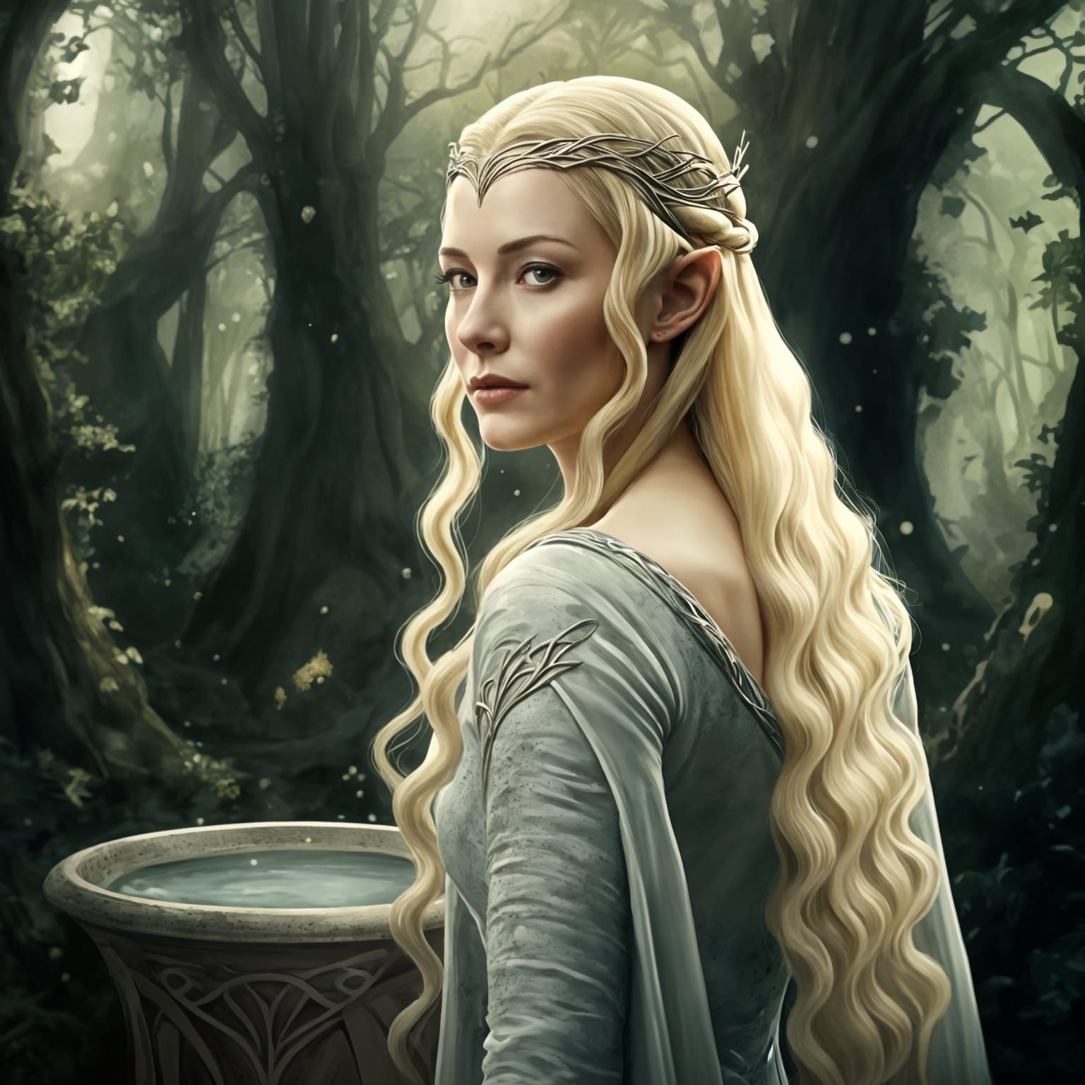 Galadriel in Forest, Impressionistic Watercolor