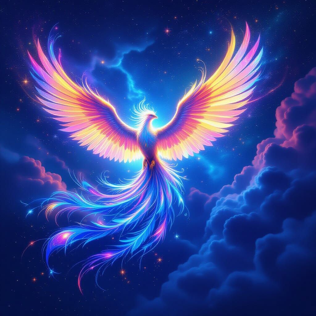 Bioluminescent Phoenix Soaring Through Nebula Sky