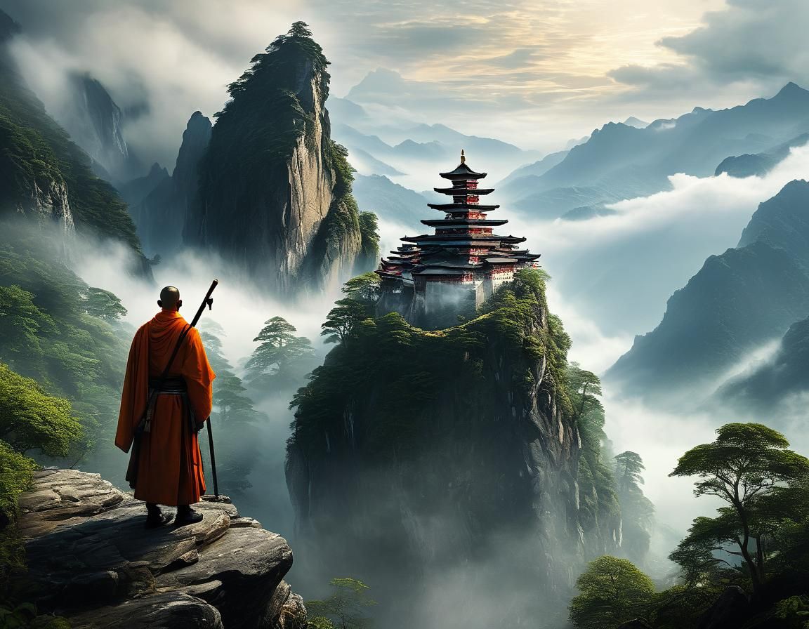 Mystical Mountains Landscape with Warrior Monk