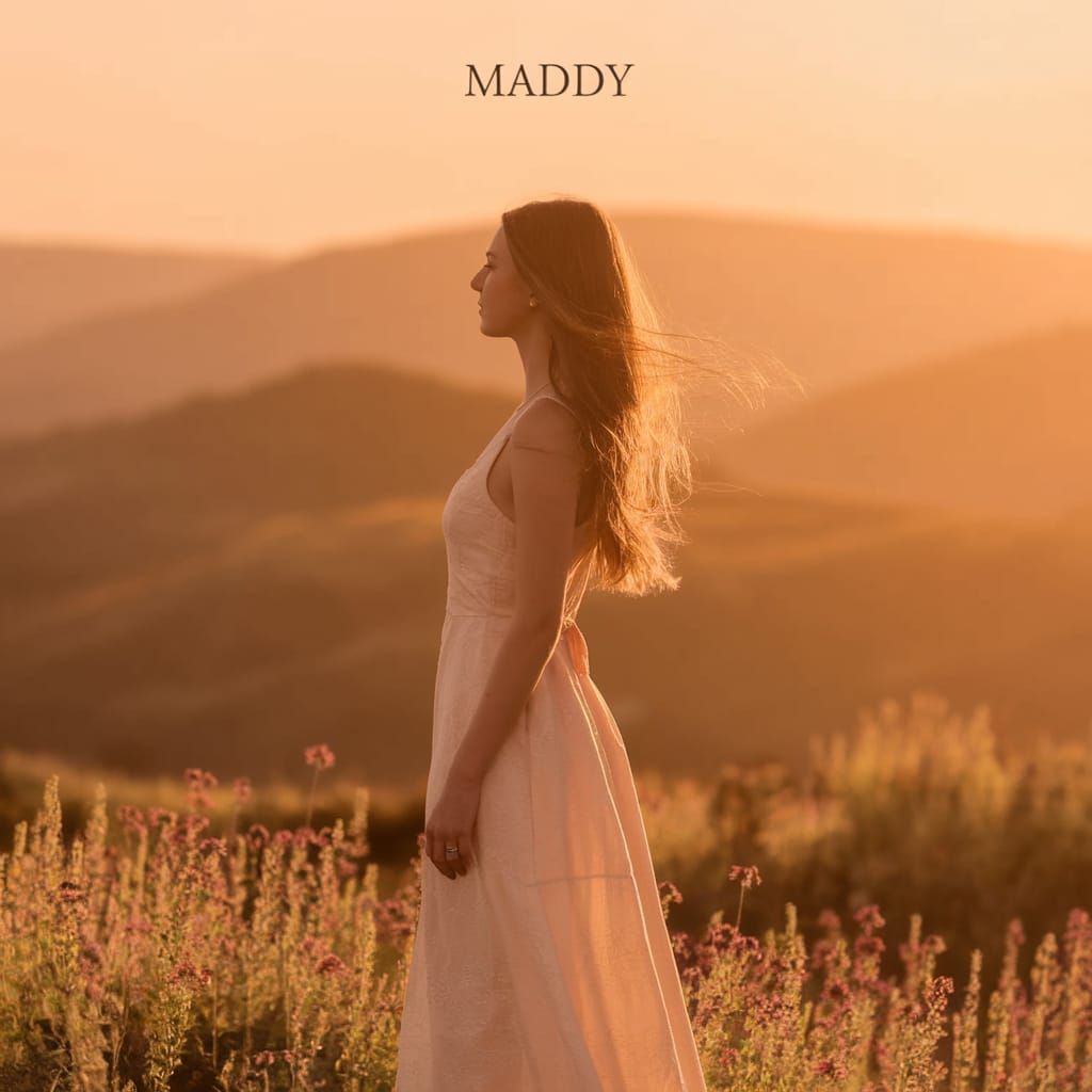 Elegant Young Woman in Golden Sunset Landscape