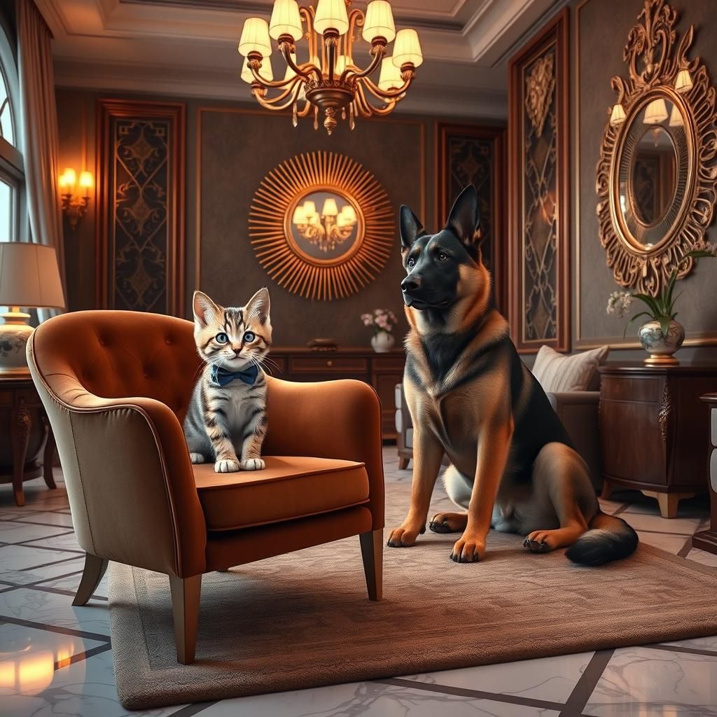 Kitten and German Shepherd in Art Deco Setting