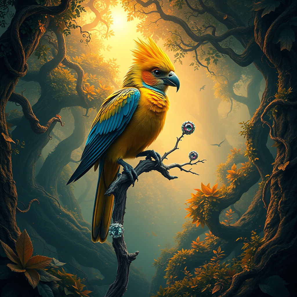 Mystical Bird on Hand in Enchanted Forest