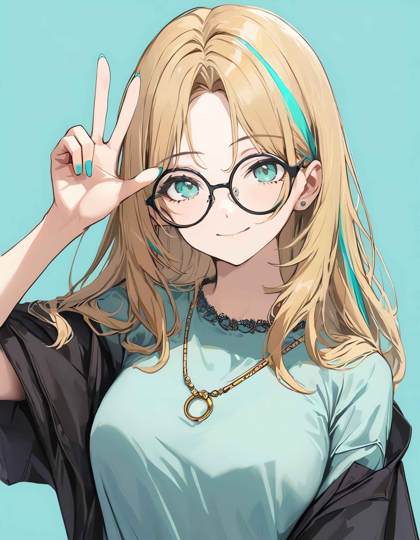 Aqua-Themed Portrait of Smiling Woman with Blonde Hair