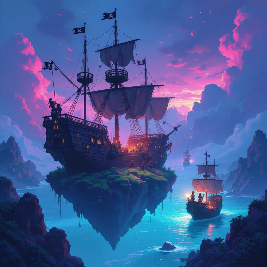 Pirate Battle on Floating Islands with Synthwave Glow