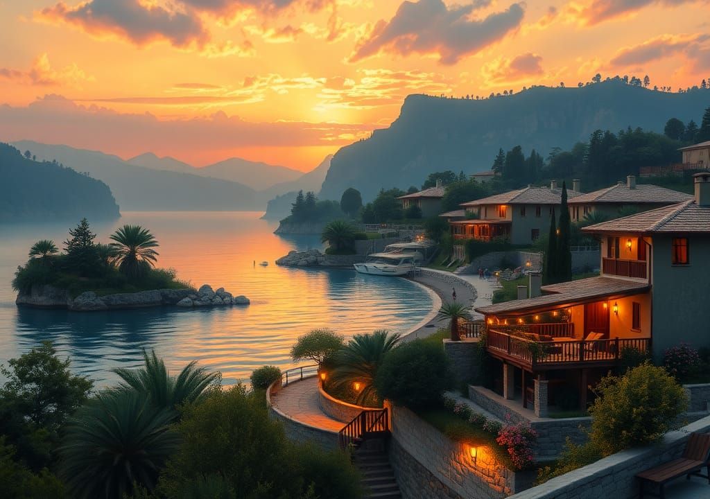 Enchanting Summer Resort at Dusk in Impressionistic Style