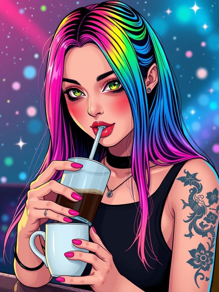 Rainbow Goddess Sips Coffee Under Starry Night Sky