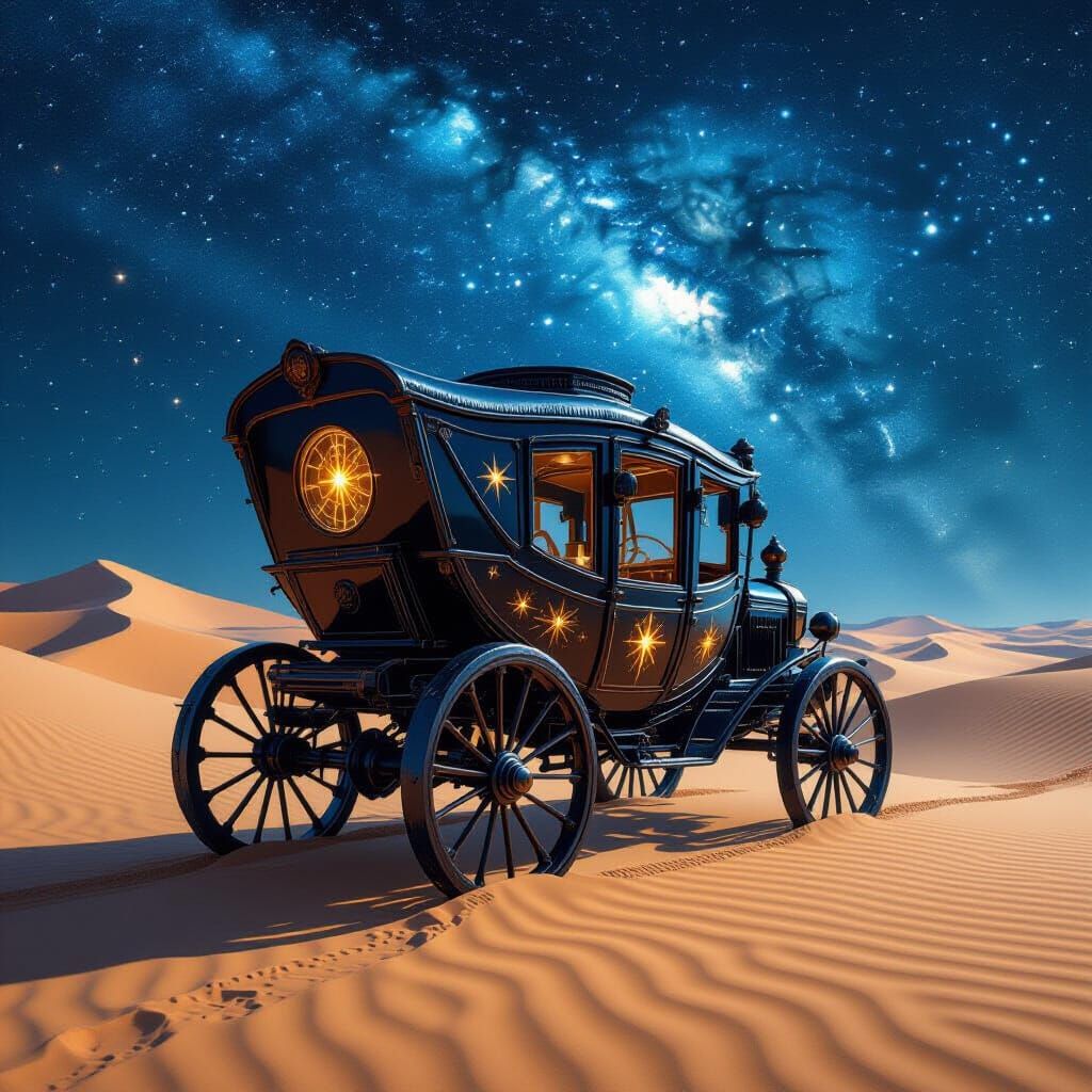 Obsidian Stagecoach in Alien Desert Landscape
