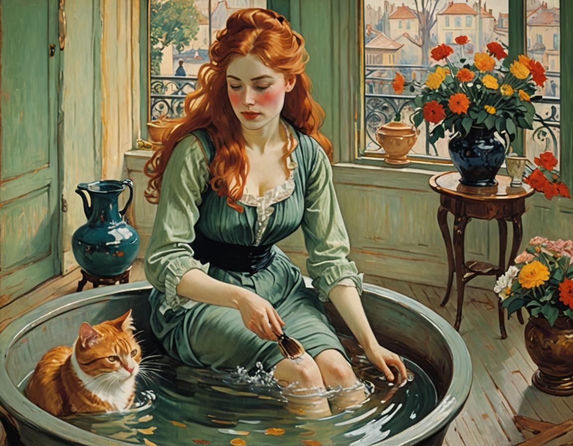 Redhead Woman Brushing Hair, in Impressionist Style