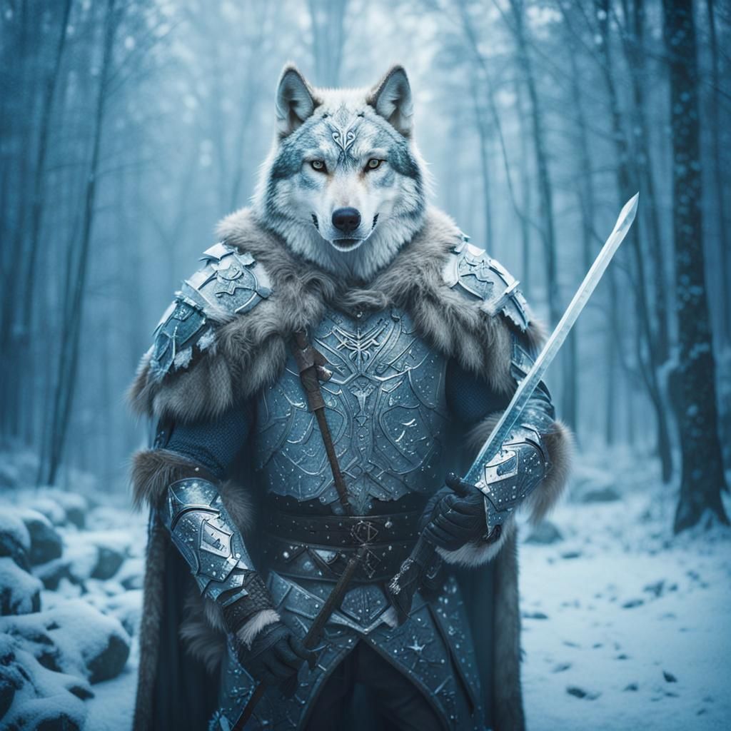 Winter Warrior in Frost Armor, Standing Strong in Snowy Fore...