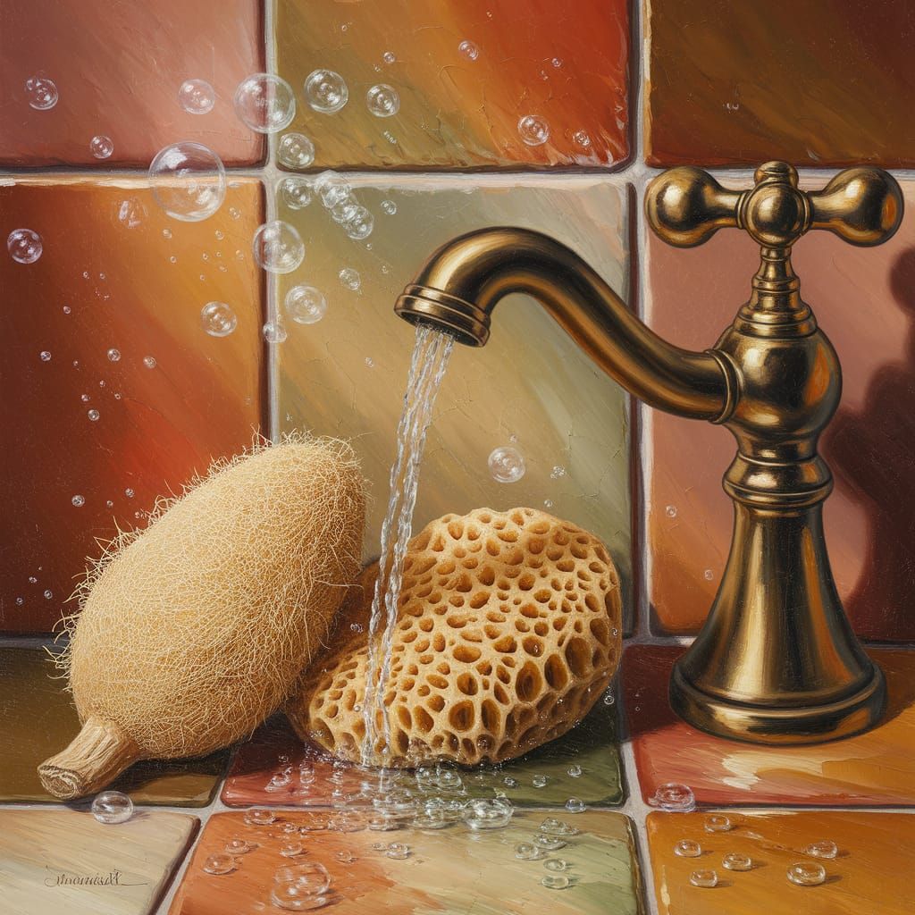 Oil Painting Still Life of Bath Loofah and Sea Sponge