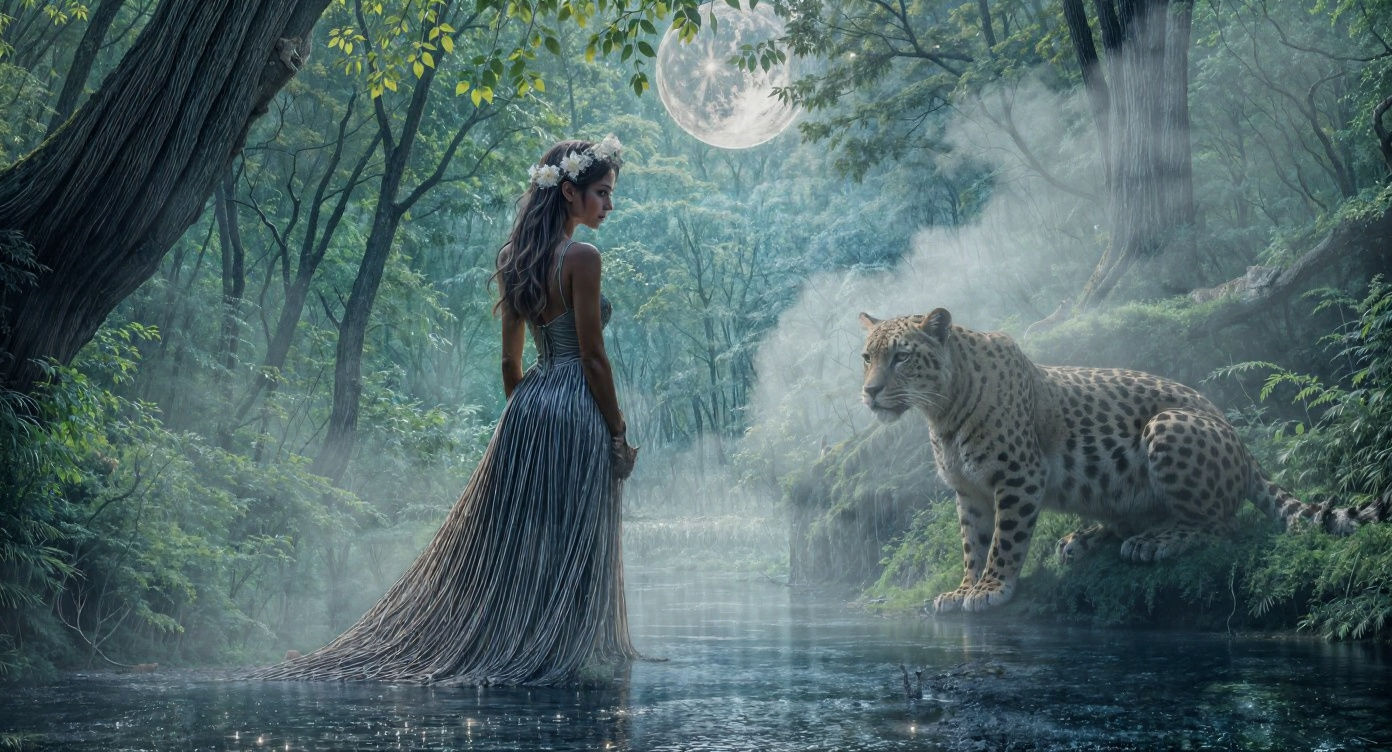 Moonlit Forest Encounter: Hunter Woman and Leopard