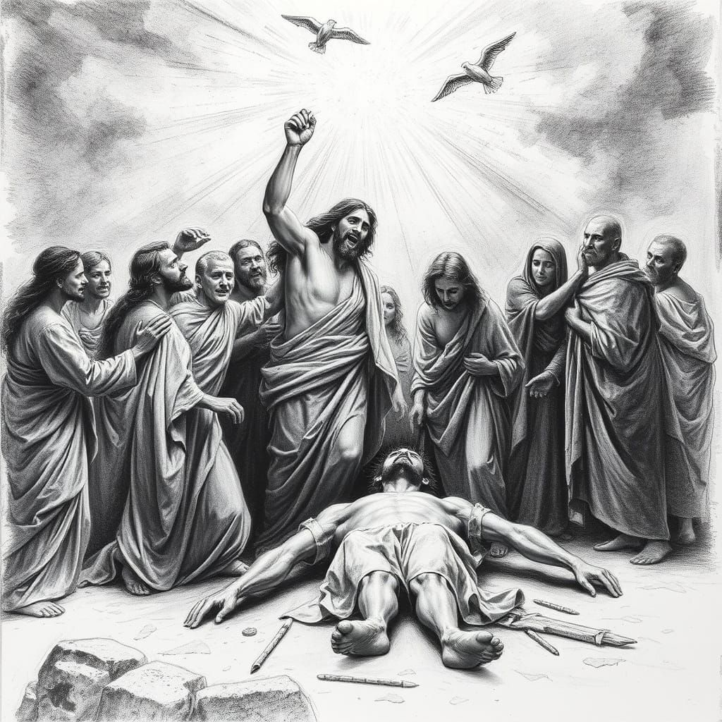 Jesus Raising Lazarus from the Dead in Hyperdetailed Charcoa...