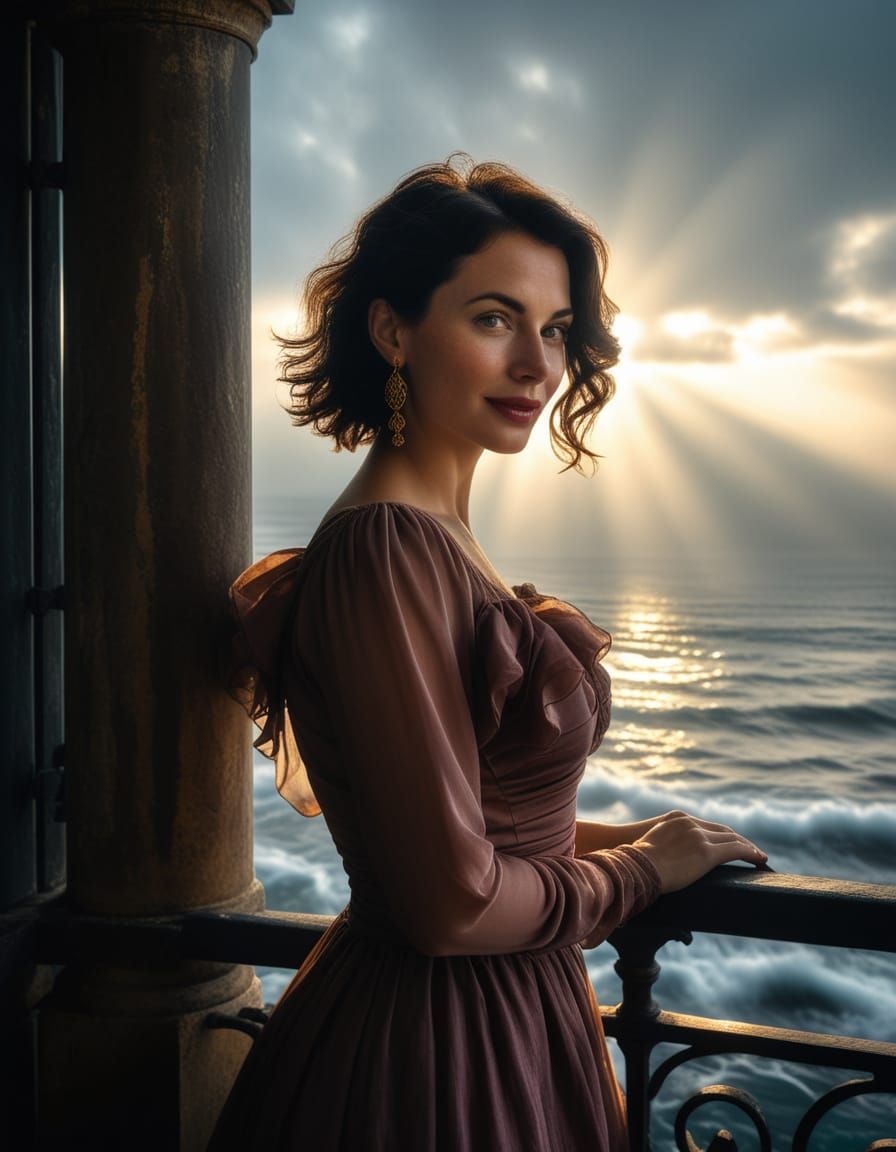 Woman at Cafe Overlooking Sea, Baroque Oil Painting