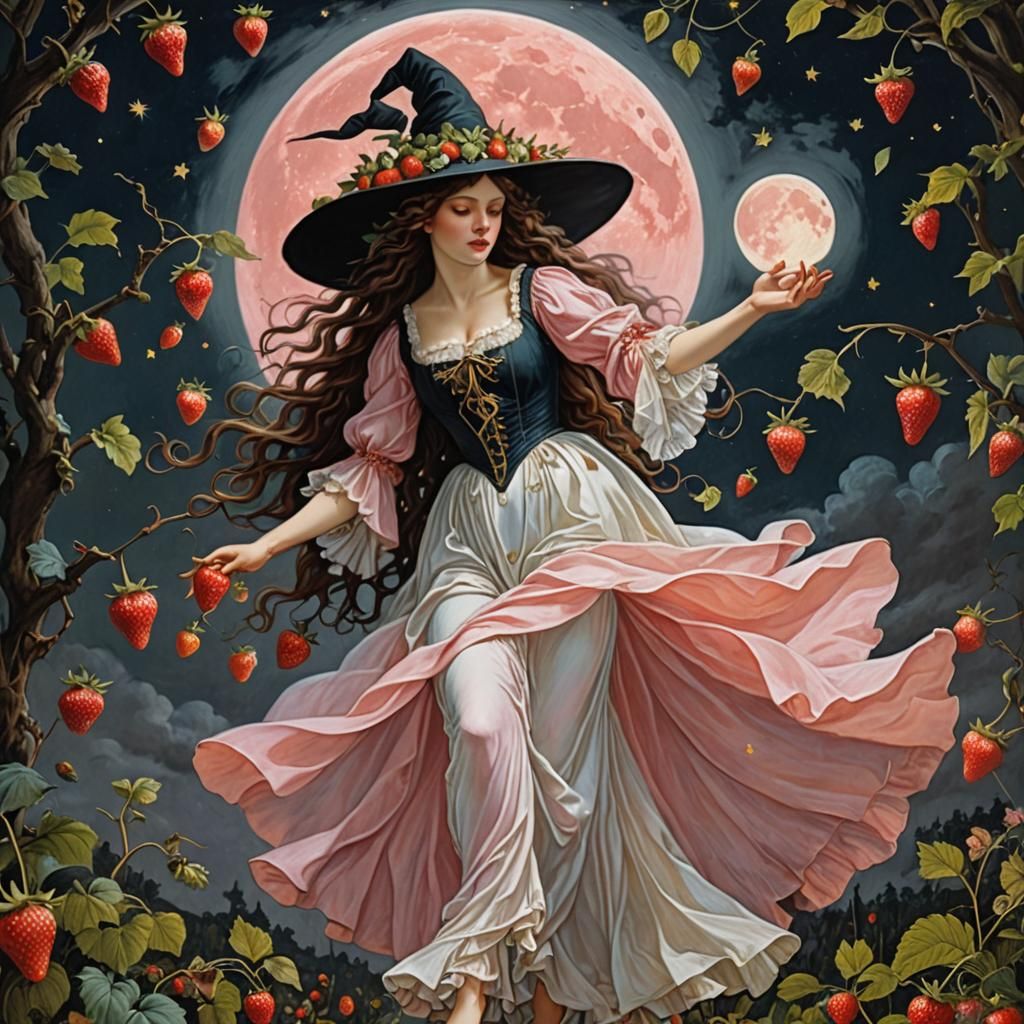 Pastel Witch Dances Beneath Strawberry Moon