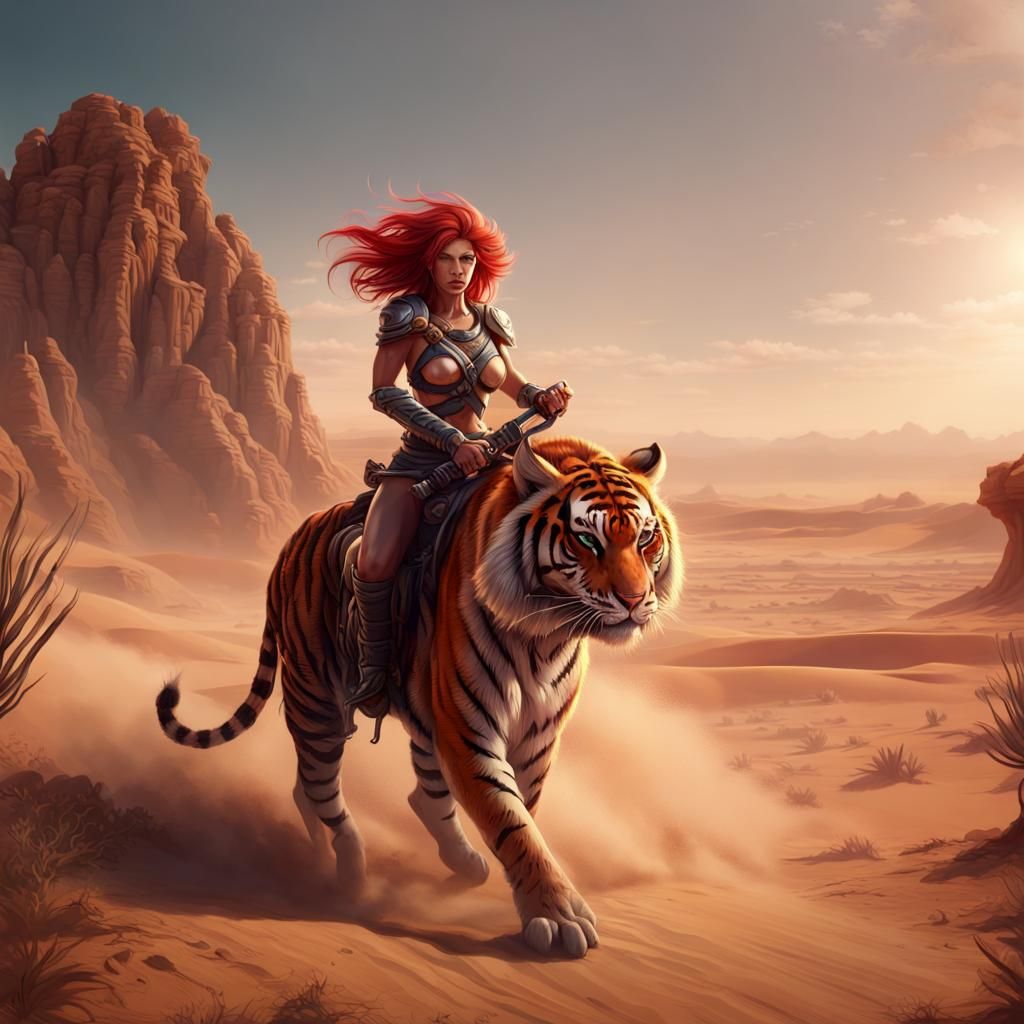 Female Warrior on Tiger in Desert Oasis, Detailed Matte Pain...