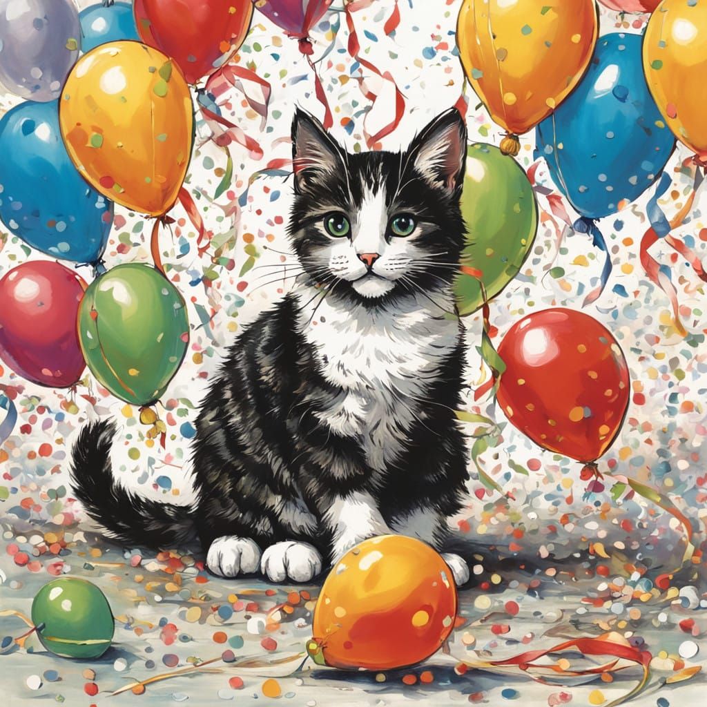 Style of Tenniel, a black and white drawing of a tabby kitten in a dress at a New Year party