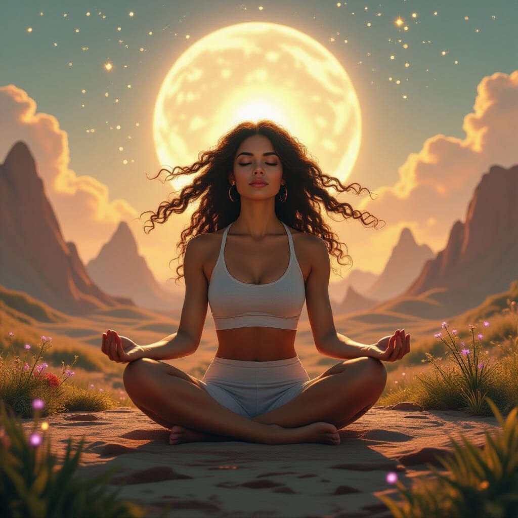 Stardust Woman in Lotus Position Over Alien World