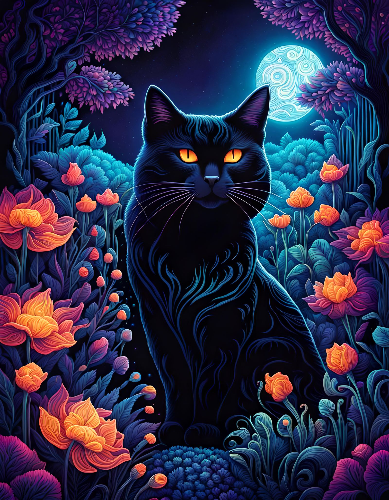 Mystical Cat in Glowing Garden: Black Light Art