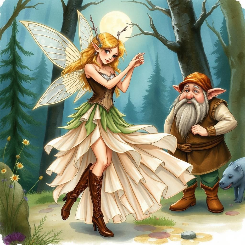 Fairy and Dwarf Dance in Moonlit Forest