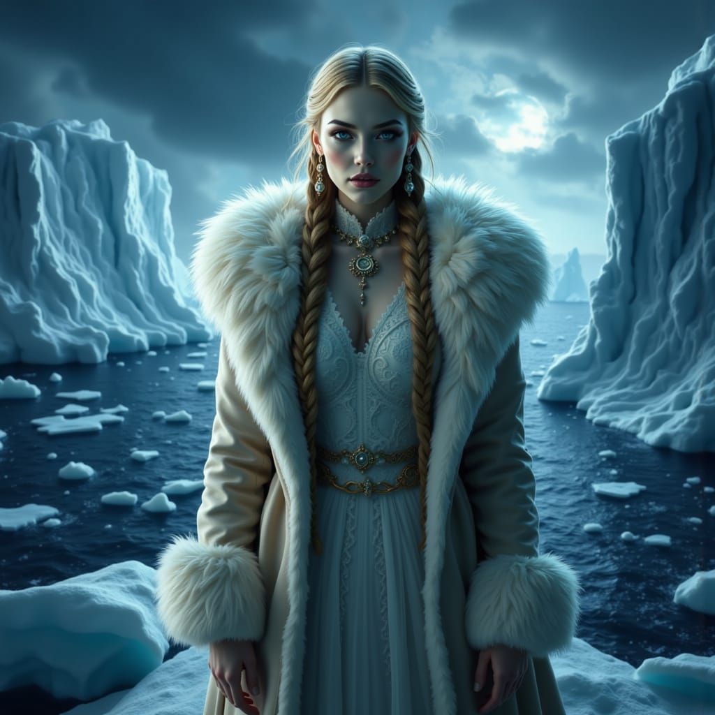 Blonde Girl in Fur Coat on Iceberg Under Midnight Arctic Sky