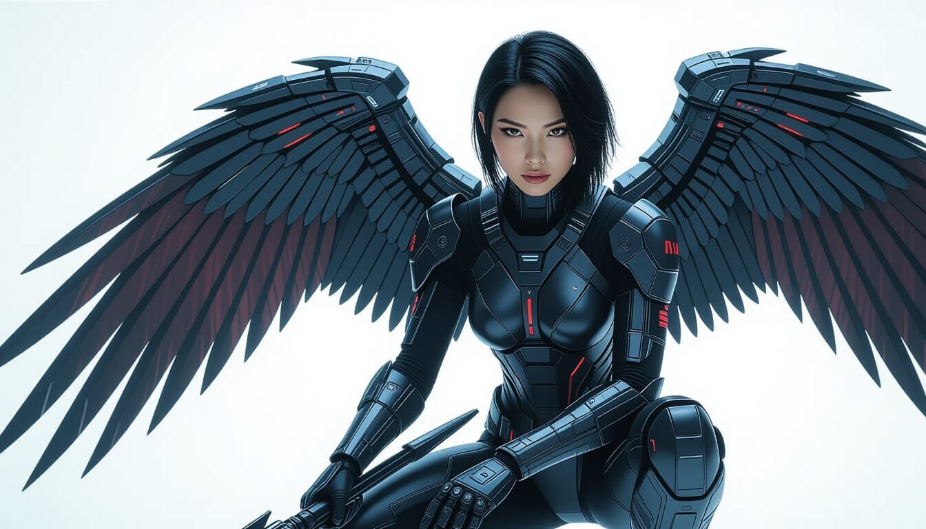 Cyberpunk Asian Warrior with Mechanical Wings