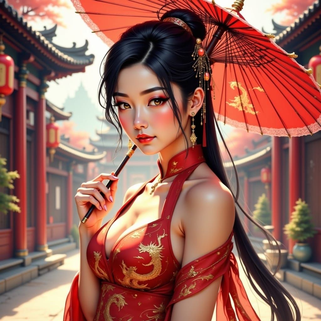 Elegant China-Themed Anime Girl in Red Silk Qipao