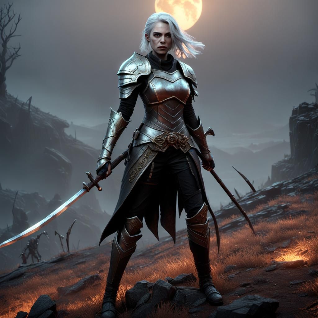 Woman with Scythe on Hill of Corpses in 3D