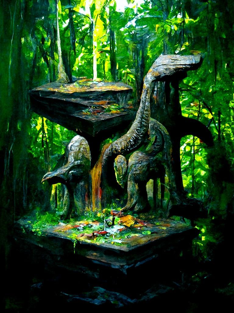 Ancient Rainforest Dinosaur Altar in Acrylic Style