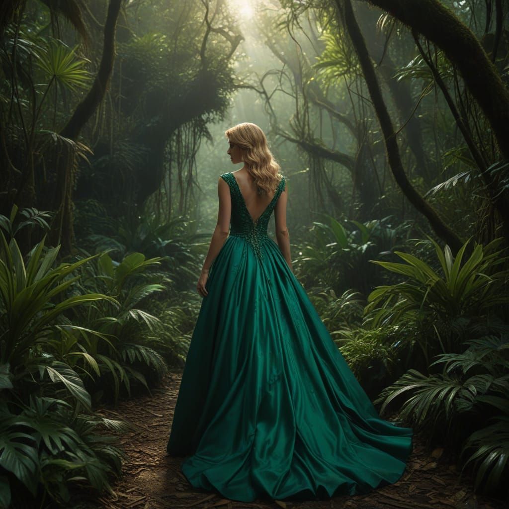 Emerald Gown in Bioluminescent Jungle: Digital Matte Paintin...