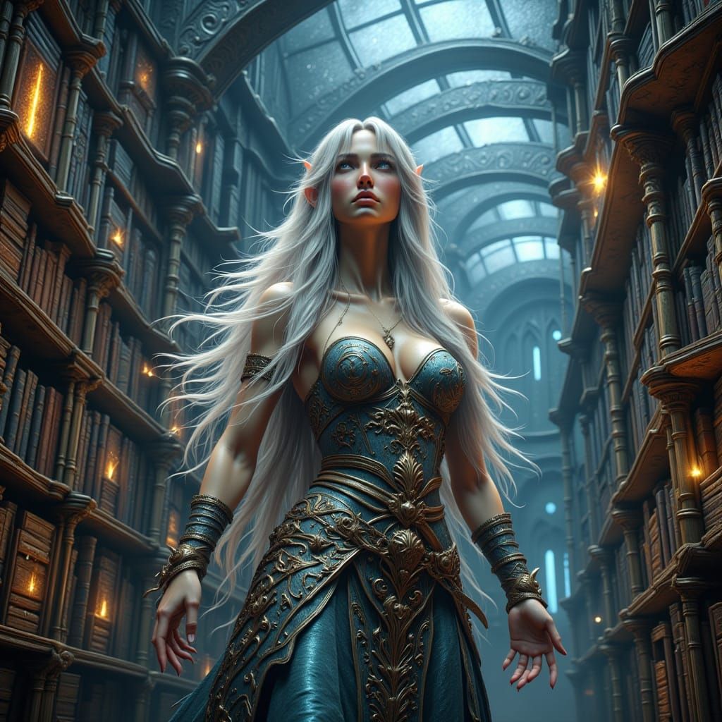 Celestial Librarian in Cosmic Library, Art Nouveau Style
