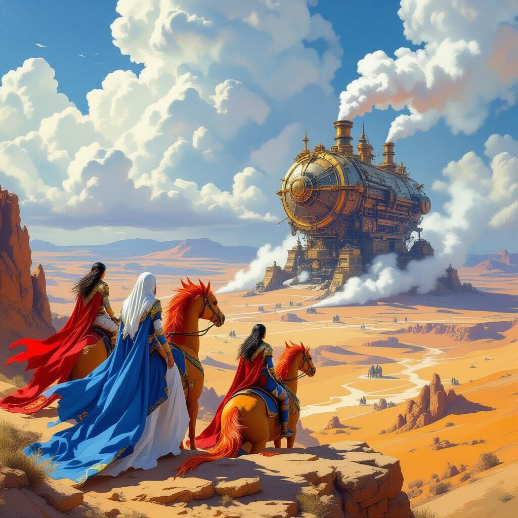 Dragon Riders Over Steampunk Engine in Arid Landscape