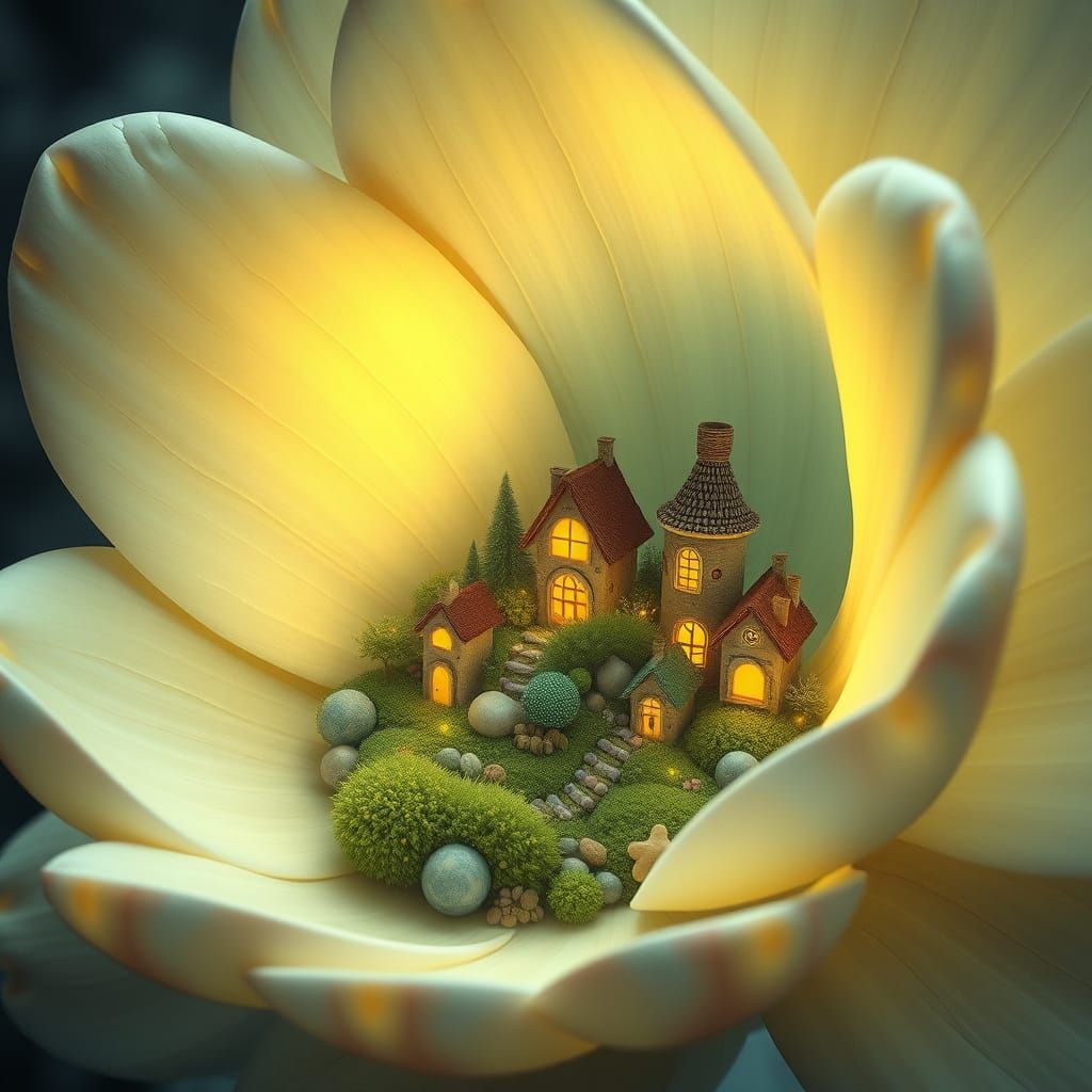 A whimsical scene of a tiny village nestled within the petal...